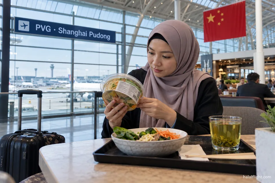 Illustration of a traveller reading a food package beneath a Pudong airport sign