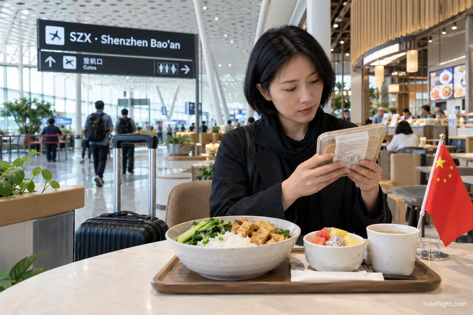 Illustration of a woman checking a food wrapper beside a rice bowl at Shenzhen Bao'an Airport