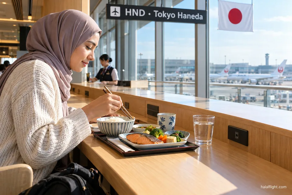 Passenger eating a tray meal beneath a Tokyo Haneda airport sign