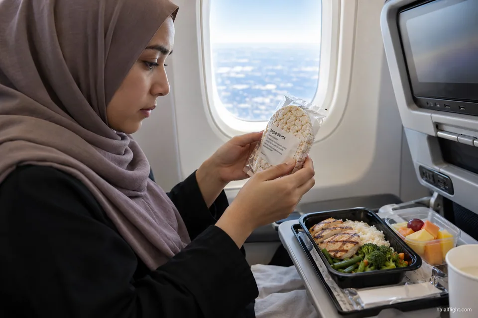 Passenger reading the ingredient label on a packaged roll above an airline meal tray