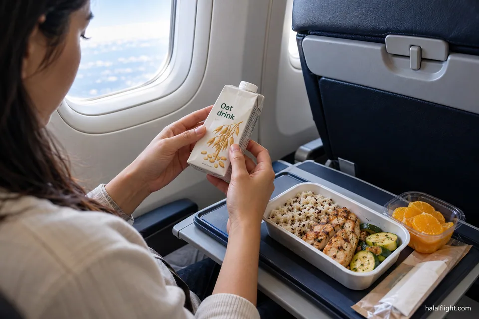 Passenger reading the ingredient label on a small drink carton beside an airline meal tray