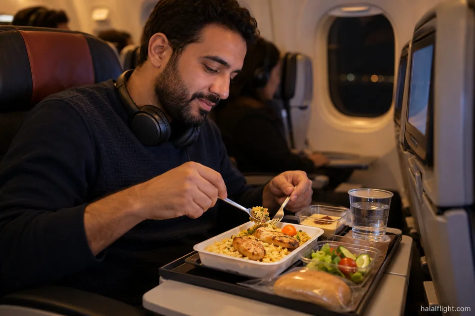 Passenger eating a hot meal from an airline tray during an evening flight