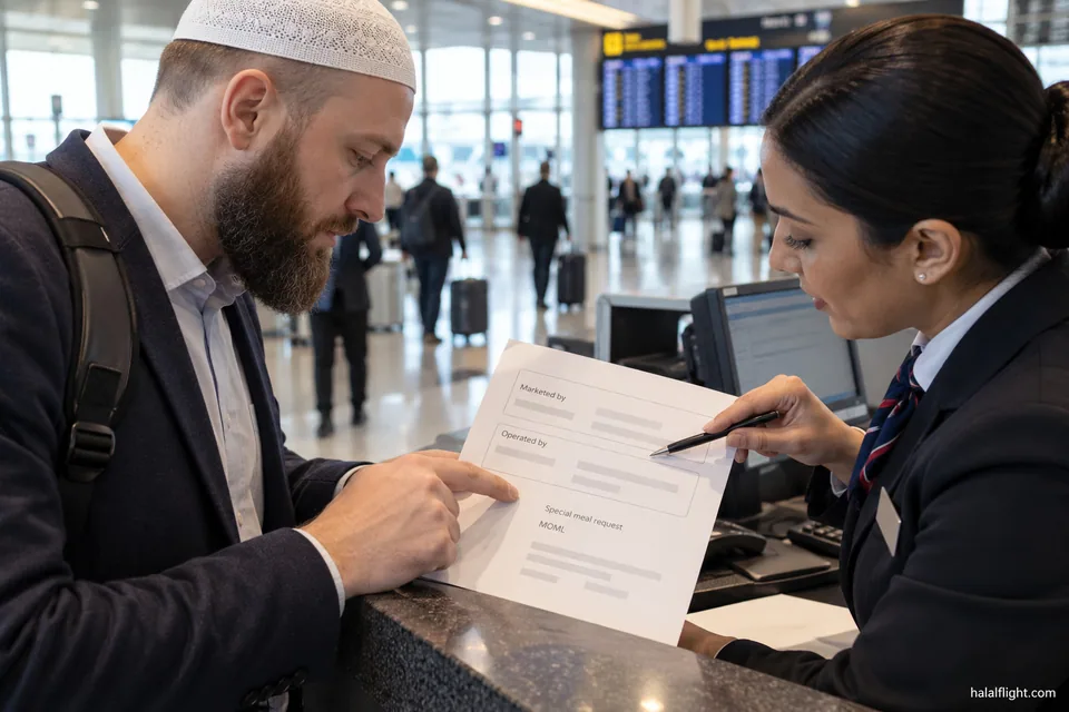 Traveller and airline agent looking together at a printed itinerary on a check-in desk