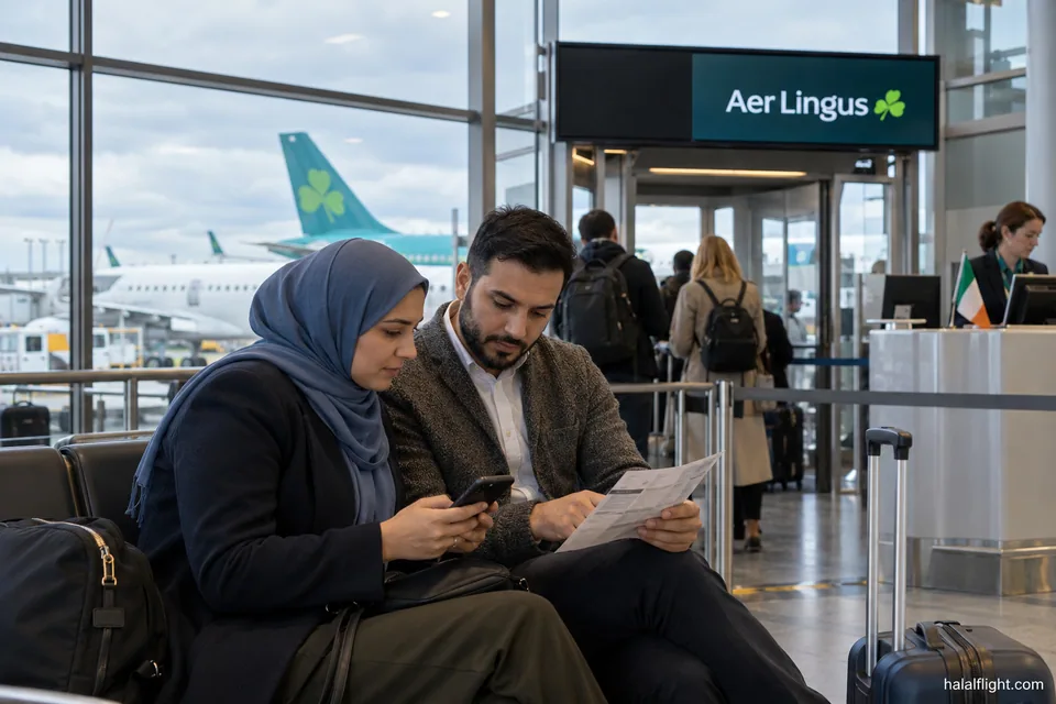 Couple seated near an airport gate reviewing travel documents together