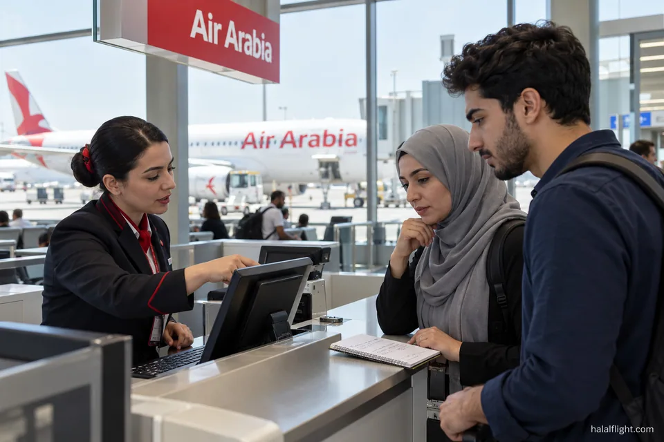Couple speaking to a staff member at an Air Arabia service counter