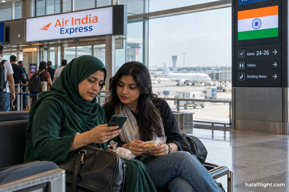 Travellers checking packaged food in an Air India Express departure area