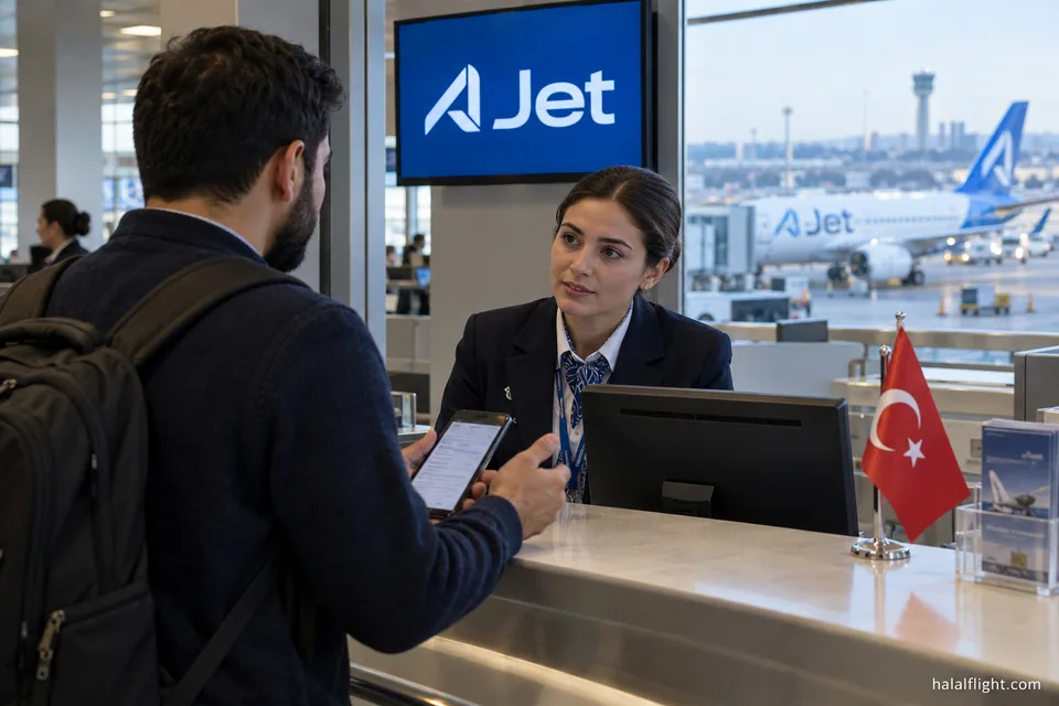 Un voyageur s'adressant à un agent en uniforme à un comptoir de service AJet