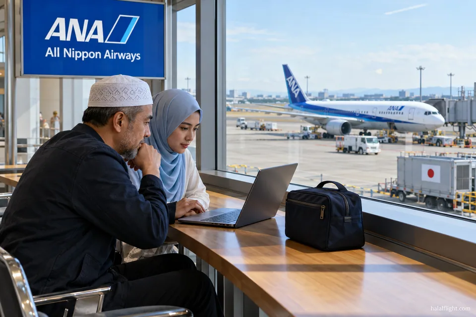 Travellers reviewing a laptop booking page beside an ANA departure area in a terminal