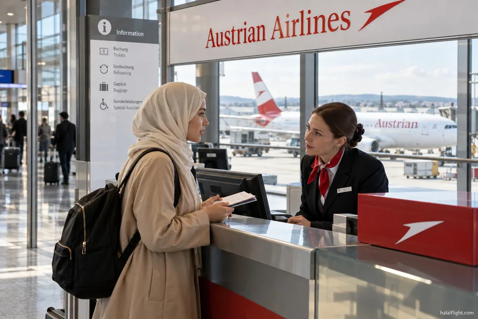Traveller in a headscarf speaking with an Austrian Airlines agent at an airport counter