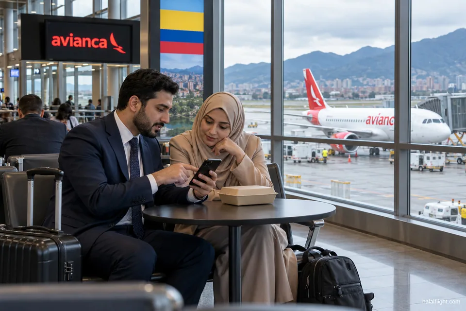 Traveller reading a printed meal confirmation at an airport café table before an Avianca flight