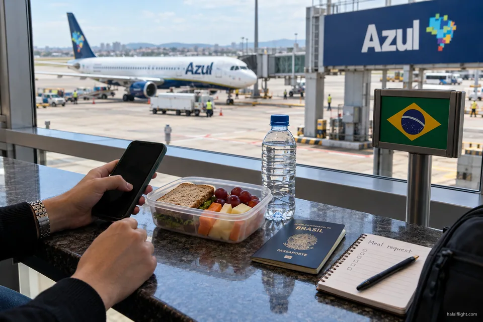 Closed food container, passport and boarding pass laid on a table near an airport gate