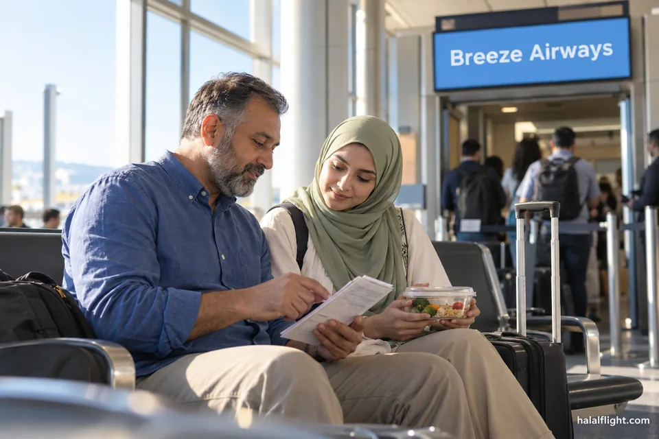 Two passengers seated together reading printed travel information in an aircraft cabin