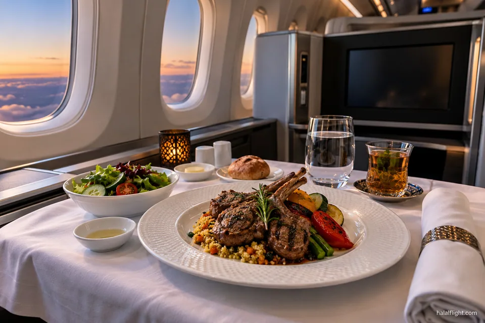 Plated meat dish on a white tablecloth beside an aircraft window