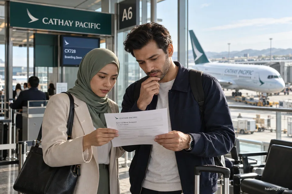 Couple reading travel information beside a window at an airport departure gate