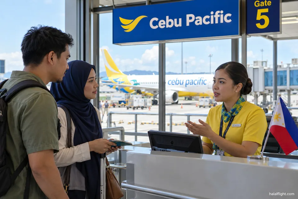 Travellers speaking with a Cebu Pacific agent at a service desk in an airport terminal