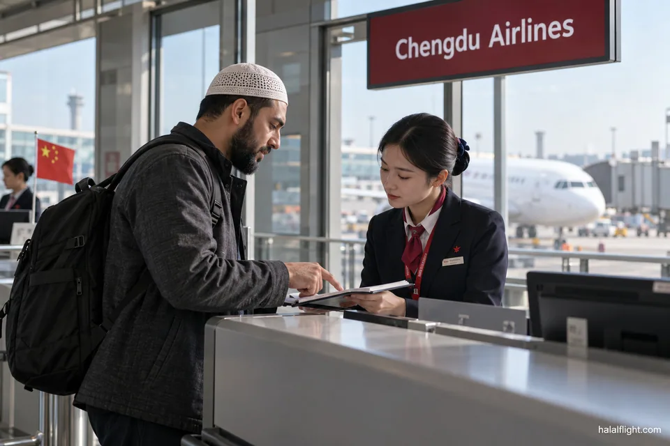 Voyageur coiffé d'une casquette discutant de son trajet avec un agent au comptoir d'enregistrement de Chengdu Airlines