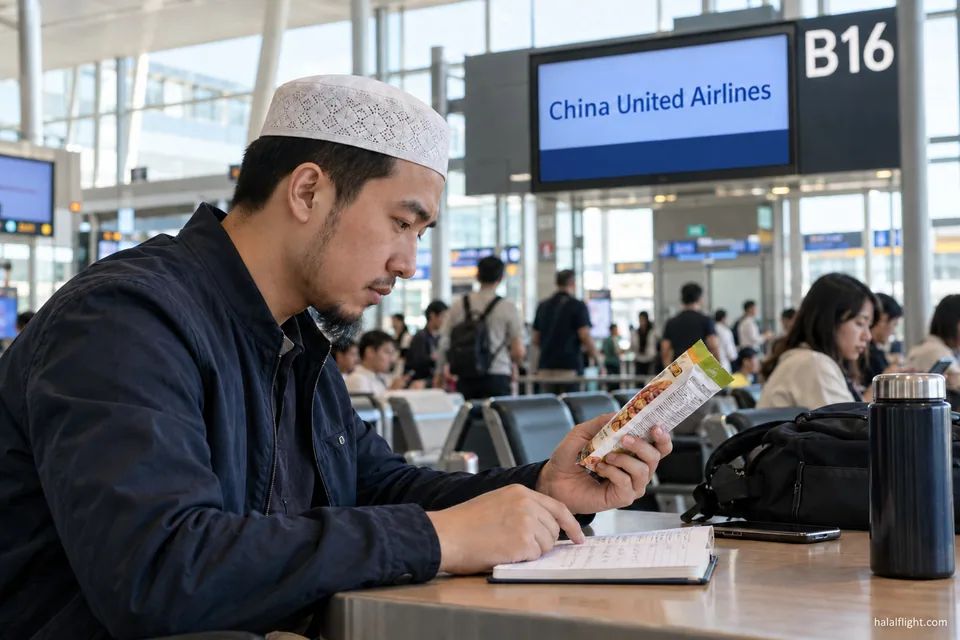 Traveller in a cap checking notes beside packaged meals on a table at a China United counter
