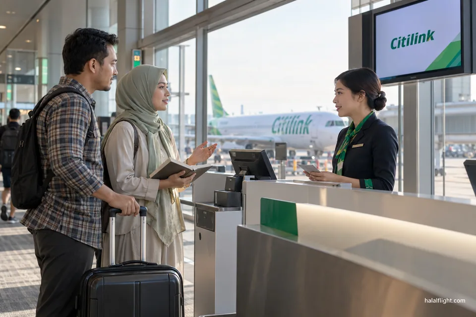 Two travellers talking through their booking with a Citilink check-in counter agent