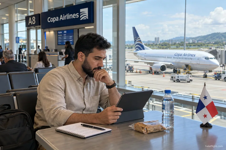 Passenger checking a laptop and a phone at a departure gate before a Copa flight