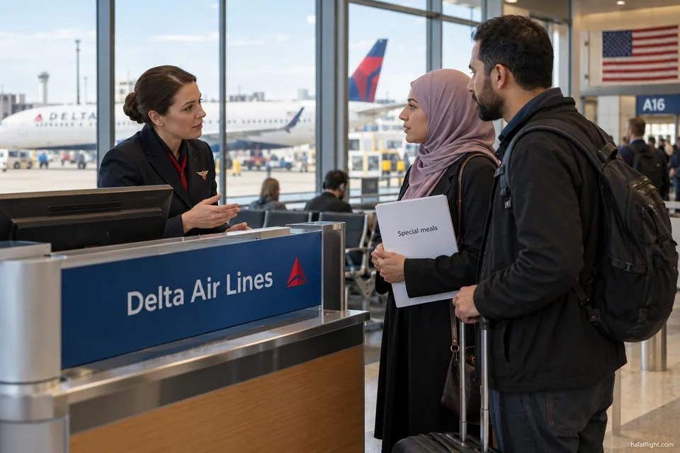 Travellers going through their booking details with a Delta airport service agent