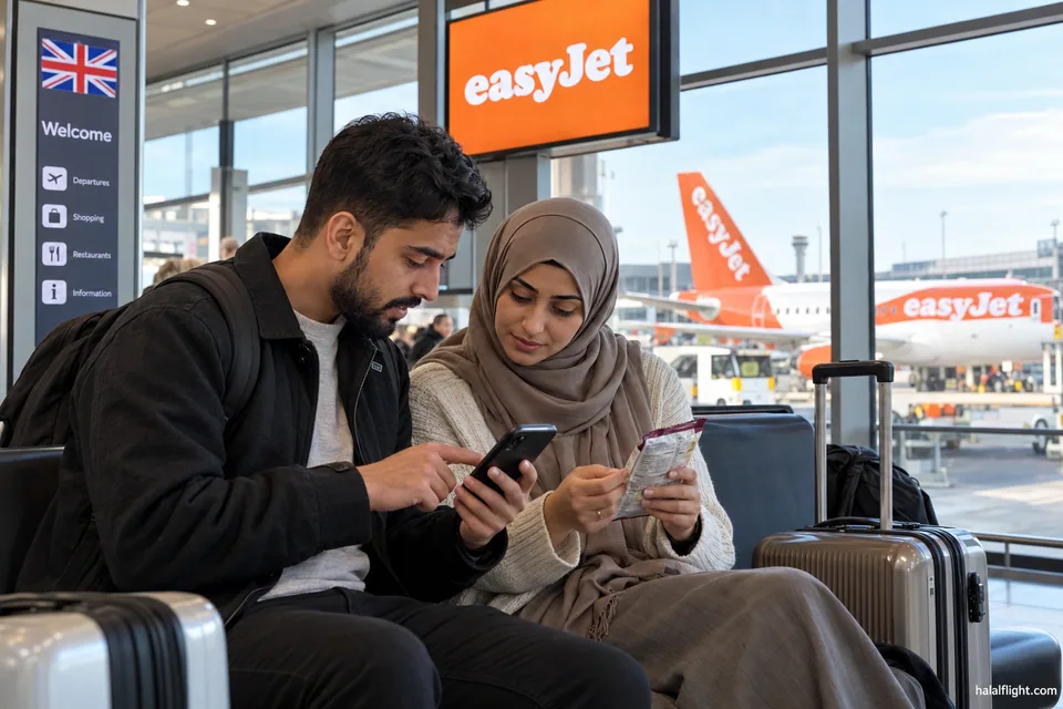 مسافرون يقارنون عبوة وجبات خفيفة بهاتف بجوار بوابة صعود لإيزي جيت