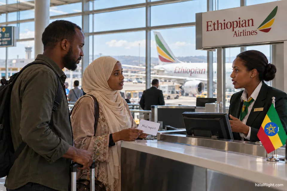 Travellers speaking with an Ethiopian Airlines agent at an airport service counter