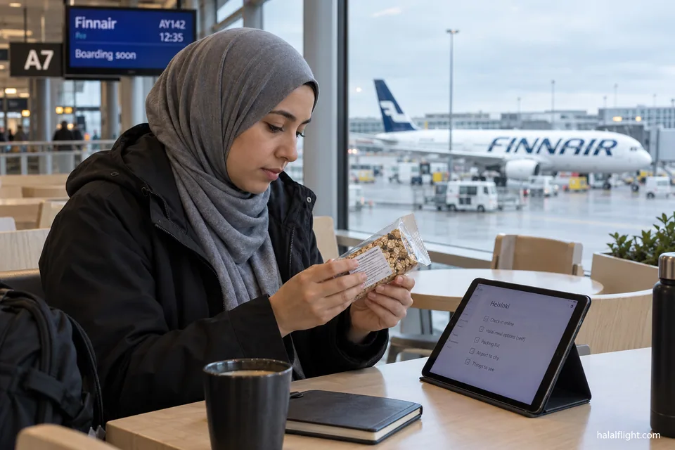 Voyageuse coiffée d'un foulard gris utilisant un ordinateur portable près d'une collation sur une table d'aéroport