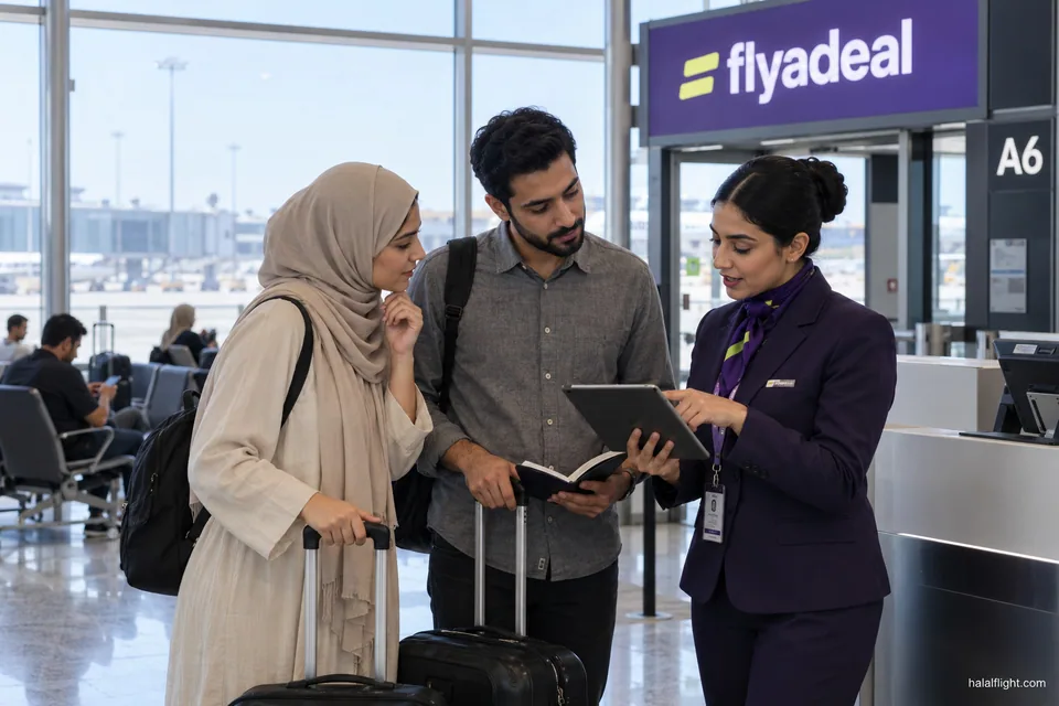Couple regardant une tablette avec une agente flyadeal en uniforme violet