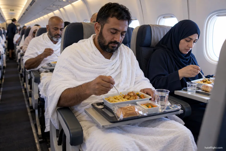 حجاج في مقصورة مزدحمة يتناولون الطعام من صواني الوجبات خلال رحلة متجهة إلى السعودية