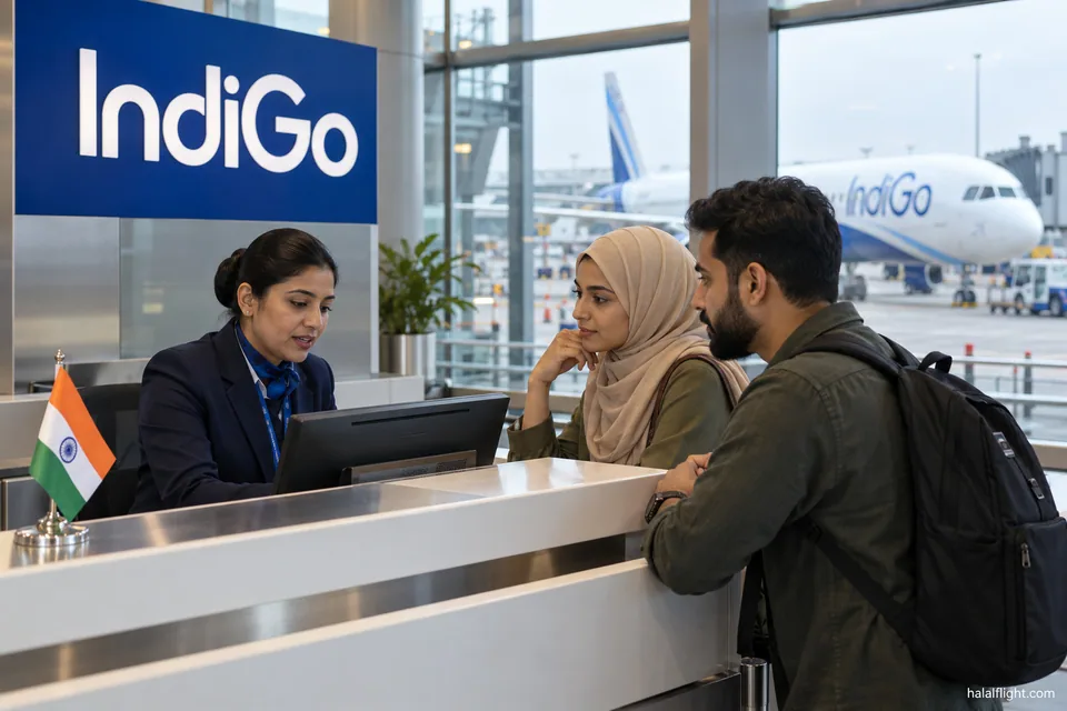 Voyageurs posant une question sur leur trajet à un agent IndiGo à un comptoir d'aéroport