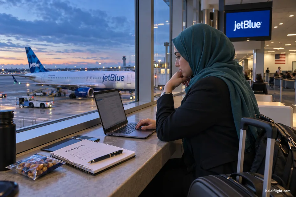 Voyageur travaillant sur un ordinateur portable dans une zone de départ JetBlue avant l’embarquement