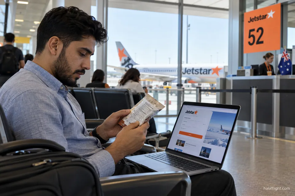 Passenger reading a paper beside a laptop at a Jetstar departure gate