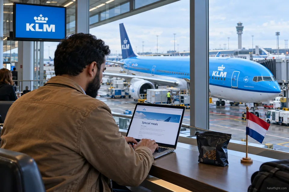 Voyageur consultant un ordinateur portable près d'une vitre donnant sur un avion KLM