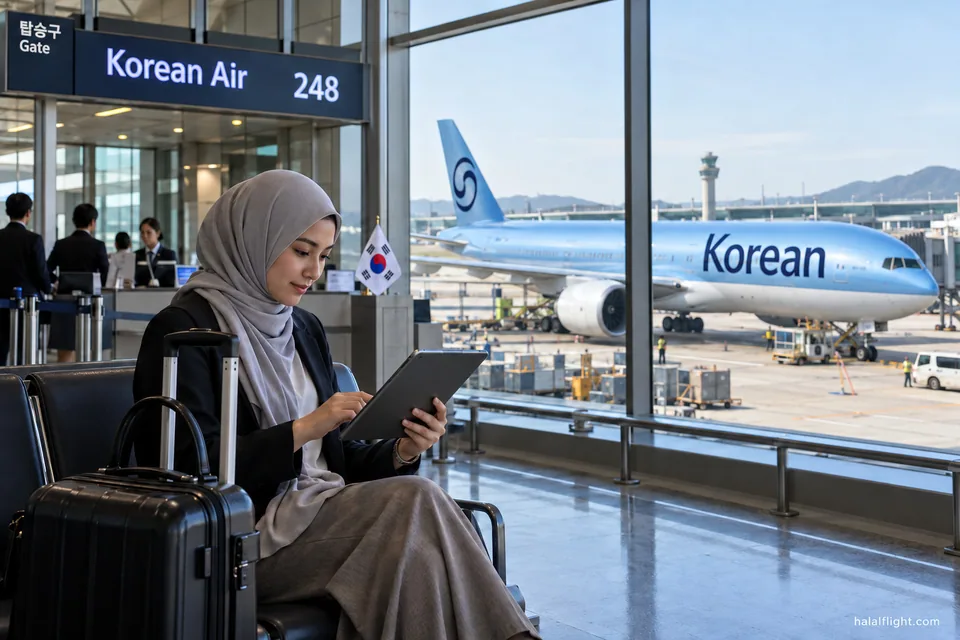 Voyageur consultant une tablette dans une zone de départ Korean Air avant l'embarquement