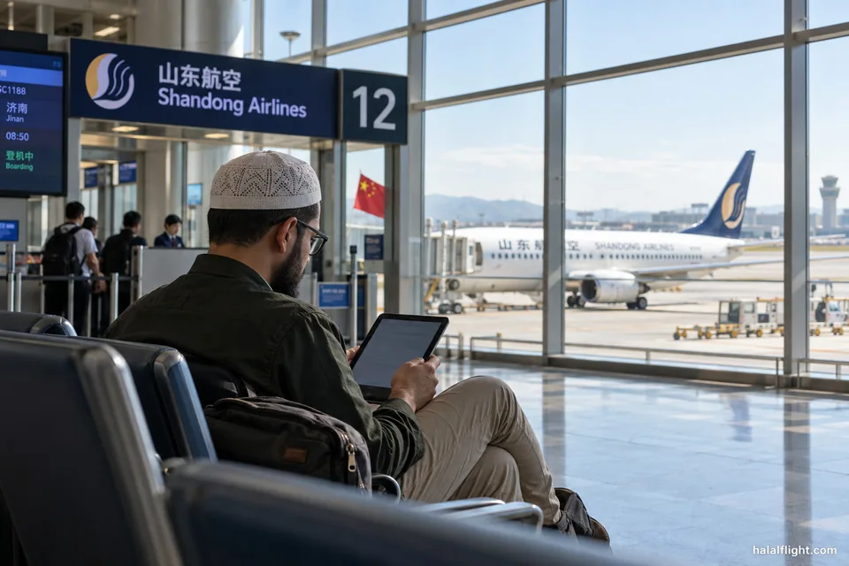 Passenger using a tablet beside a Shandong Airlines departure gate