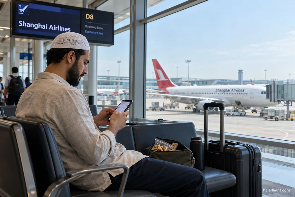 Voyageur coiffé d'une casquette consultant sa réservation sur une tablette près d'une porte d'embarquement