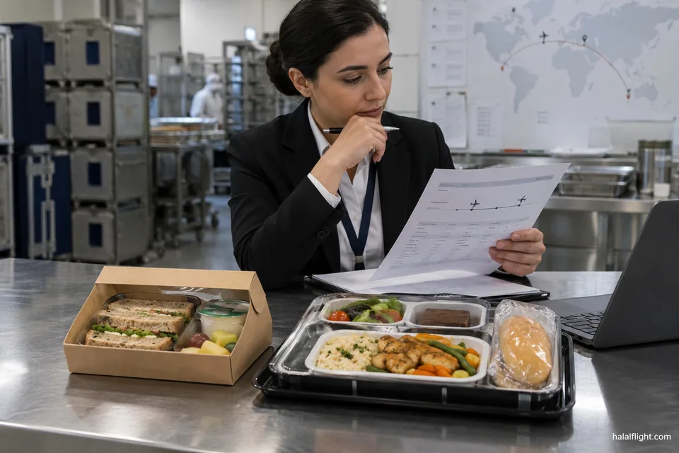 Membre d'équipage comparant une boîte-repas froide et un plateau de repas chaud en cabine