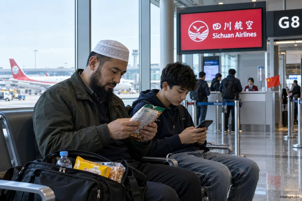 Parent et enfant consultant leurs téléphones près d'une collation emballée en attendant à une porte d'embarquement
