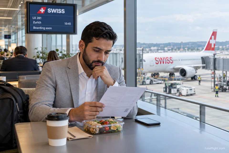 Voyageur vérifiant ses papiers à côté d’une boîte repas posée sur une table dans un salon d’aéroport SWISS