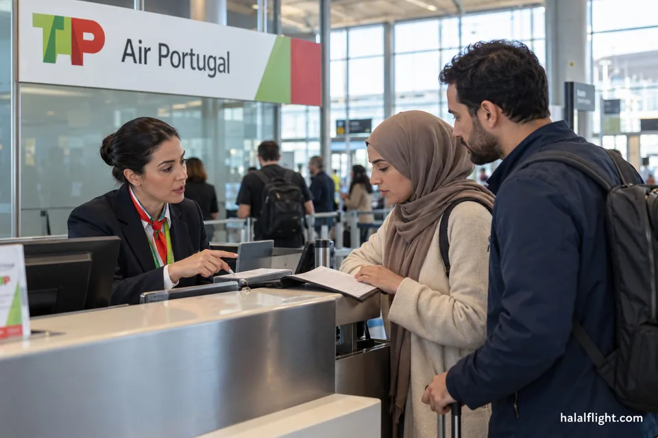 Two travellers speaking with an airline service agent at a check-in desk