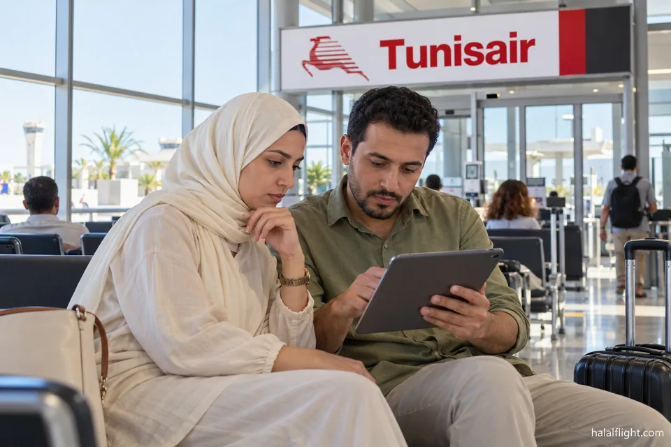 Two travellers sit at a table with food and a tablet while planning their journey