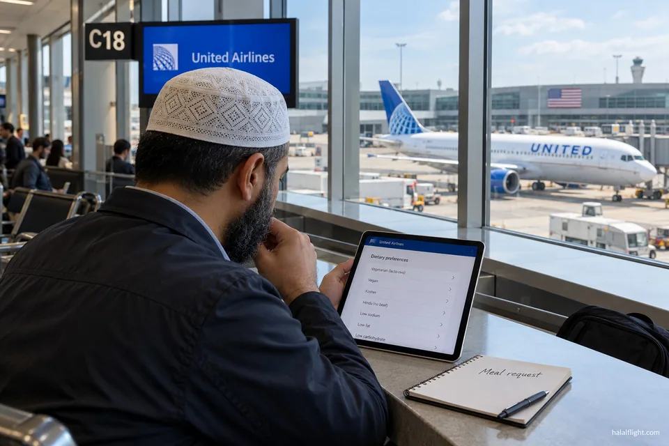 مسافر يراجع حاسوبًا محمولًا قرب بوابة تابعة ليونايتد إيرلاينز أثناء تخطيطه لطلب وجبة