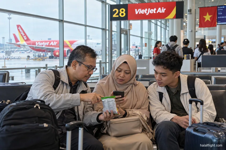 Famille consultant des informations de voyage près d'une porte d'embarquement VietJet avant de monter à bord