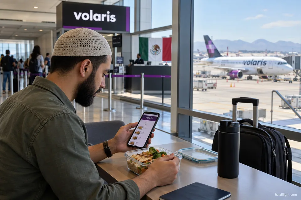 Passager utilisant un ordinateur portable et un téléphone près d'une porte Volaris pour organiser son voyage