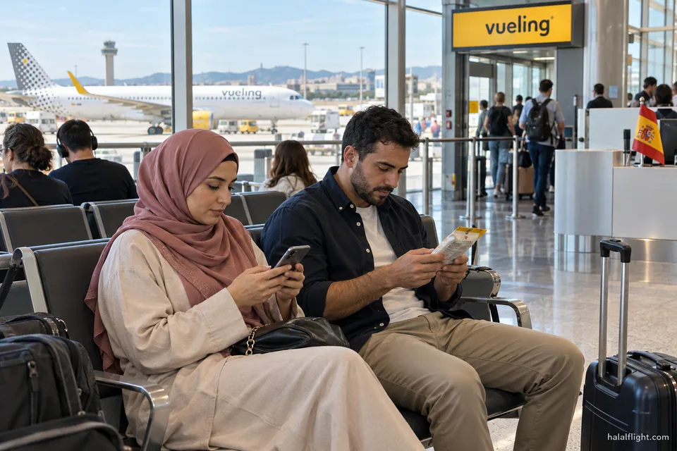 Voyageurs consultant téléphones et documents dans une salle d'attente Vueling avant un vol