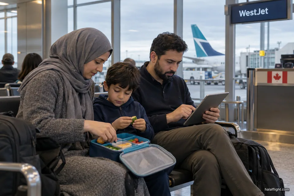 Famille regardant un téléphone et des collations, assise près d'une porte d'embarquement WestJet