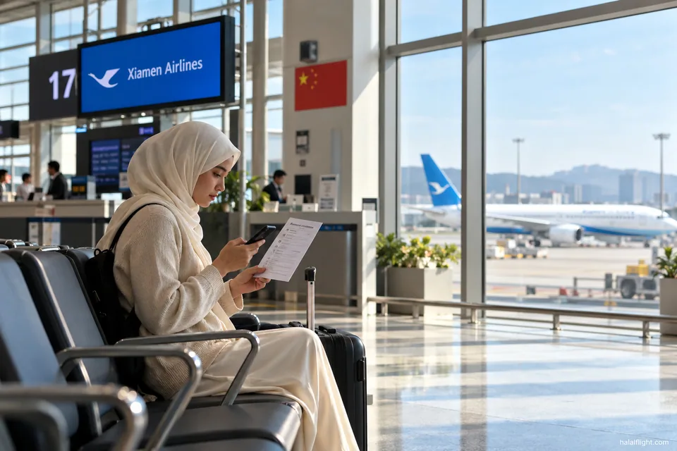 مسافر يستخدم جهازًا لوحيًا قرب بوابة شيامن للطيران