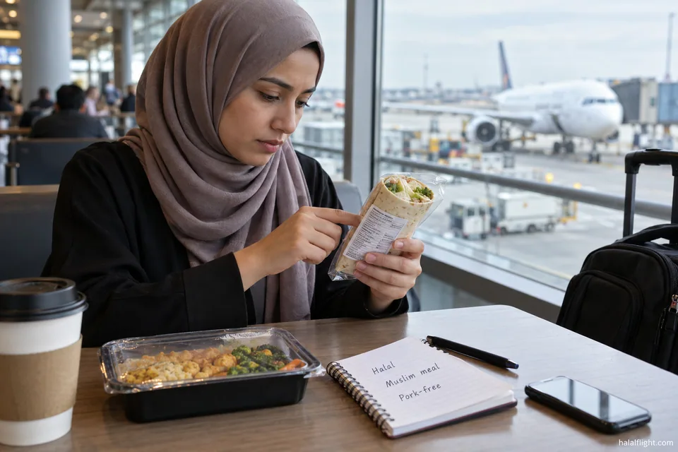 Voyageur lisant l'étiquette d'un plateau-repas emballé posé sur une table d'aéroport
