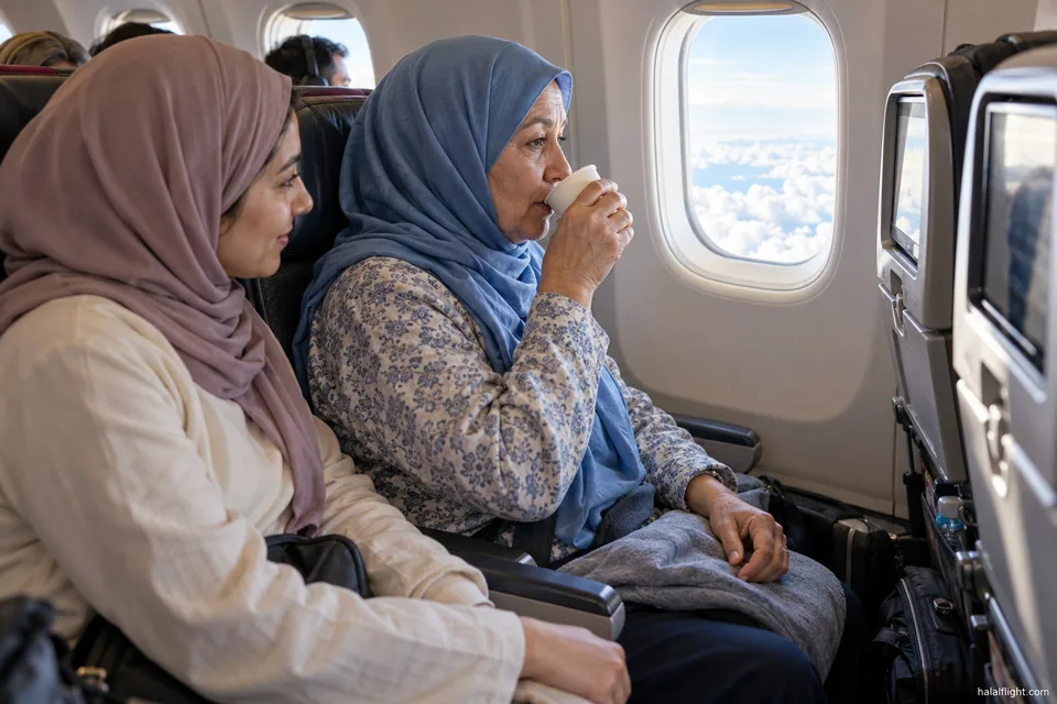 Deux passagers assis côte à côte pendant un vol de jour, l'un tenant une bouteille d'eau