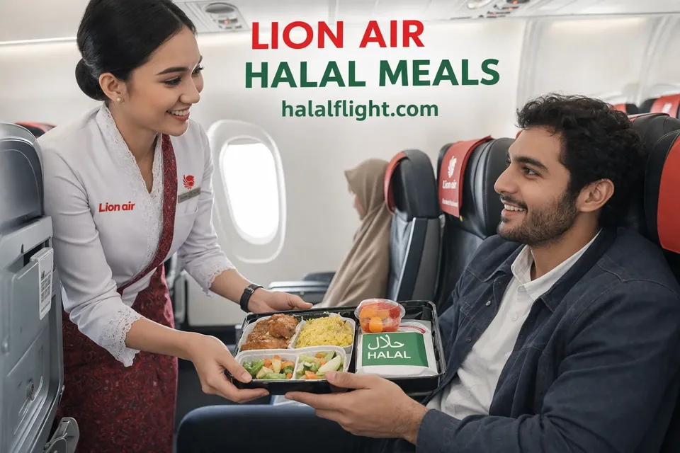 Cabin attendant serving a meal tray to a seated passenger on a Lion Air flight, illustrating pre-ordered meals